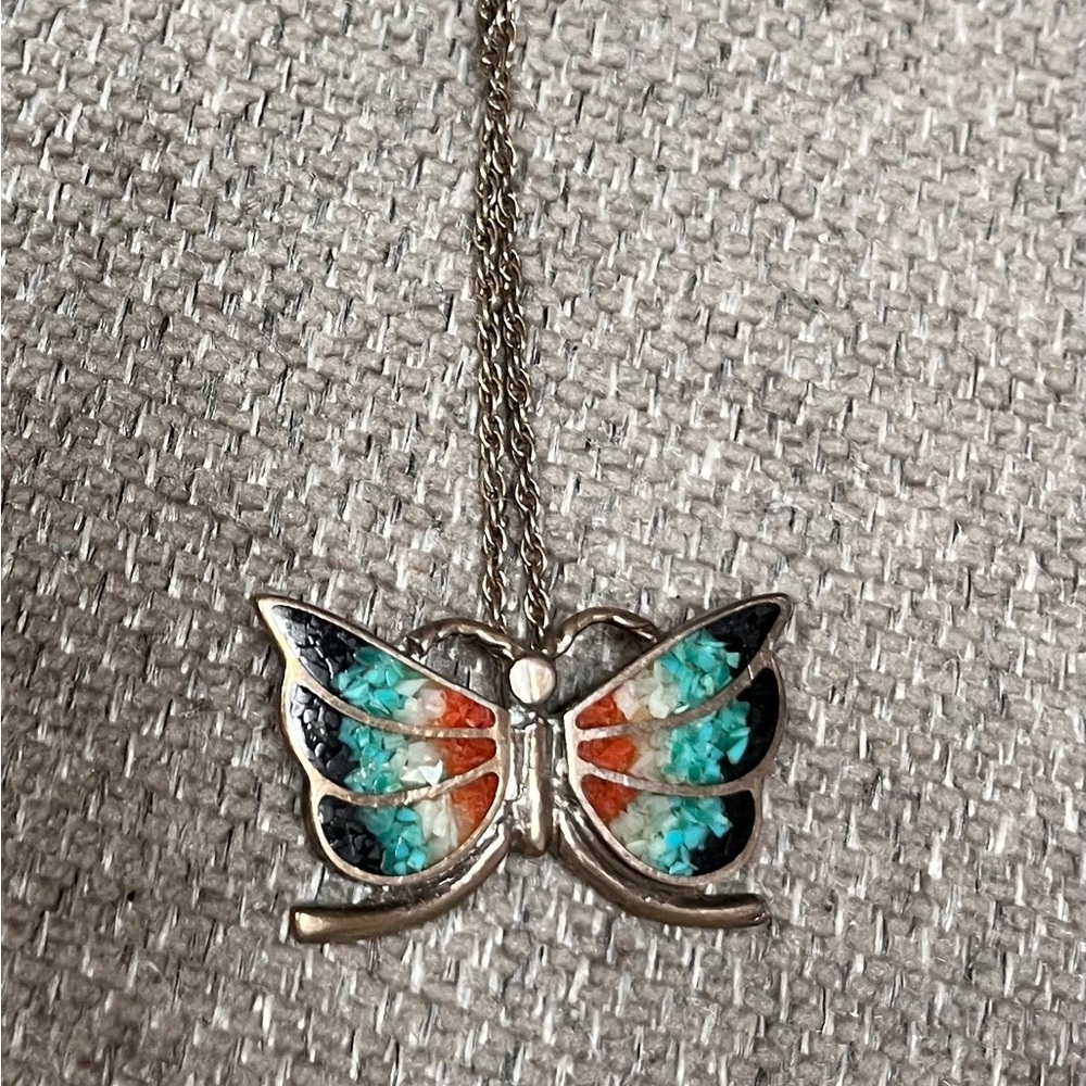 Vintage turquoise & silver butterfly necklace